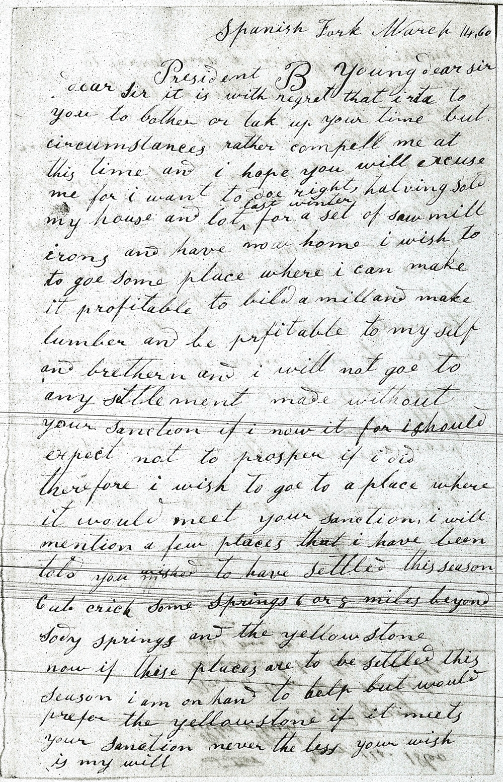 Peter Shirts Letter to Brigham Young requesting relocation of Spanish Fork saw mill