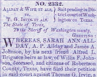 Allday case 2332 vs Johnsons - Suit over slave named Allen of Willis Johnson