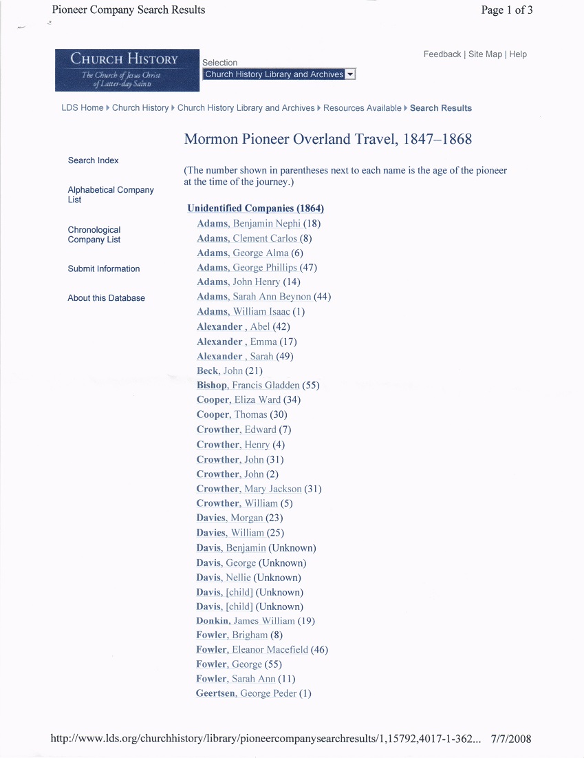 Mormon Pioneer Overland Travel list, 1847-1868