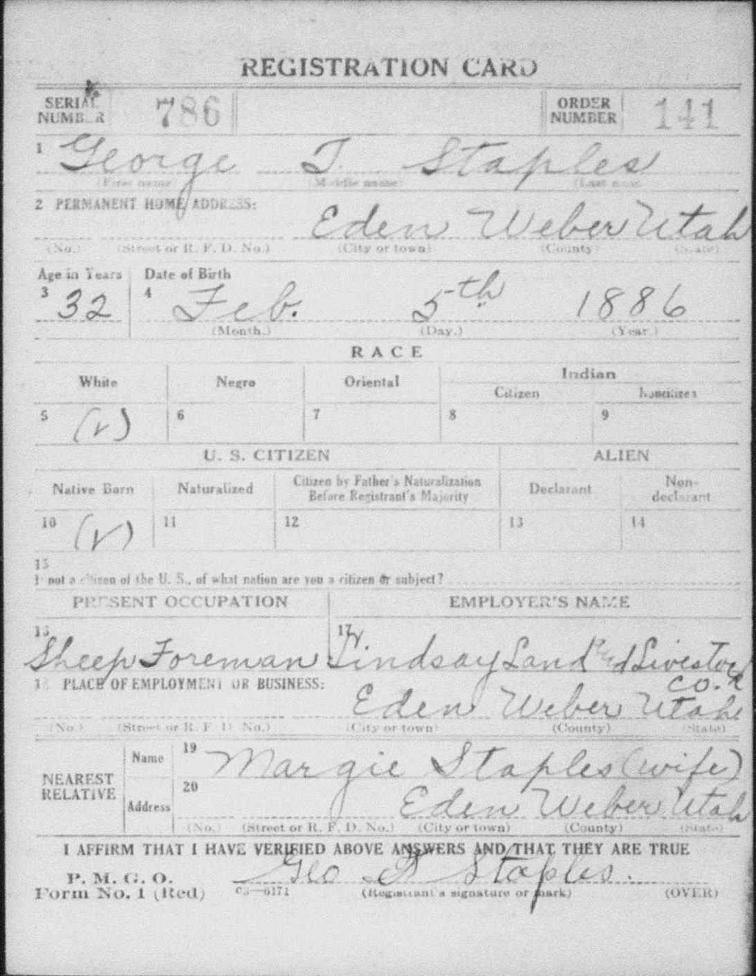 World War 1 Draft Registration Card for George T. Staples