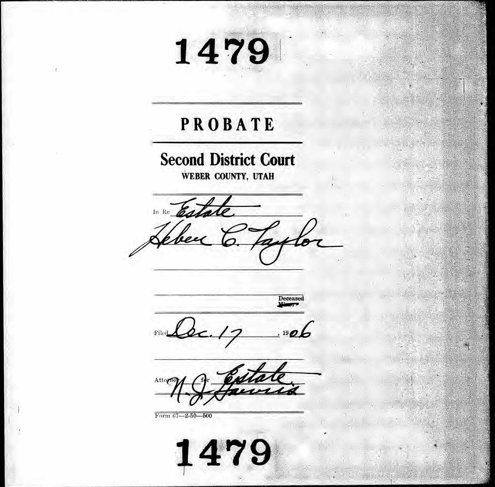 The Probate Records of Heber C Taylor in 1906