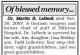2008 Death Notice for Martin B LeBeck