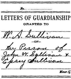 1889 Guardianship paperwork for W. A. Sullivan guardian for John W. Sullivan and Epsey Sullivan (16 pages)