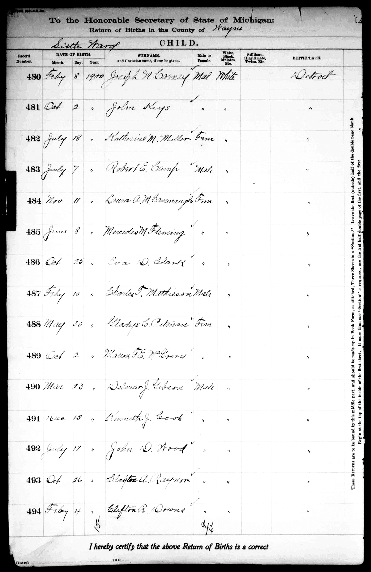Birth Record for Clayton A. Raynor