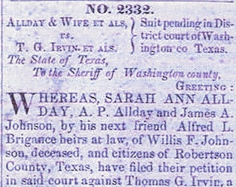 Allday case 2332 vs Johnsons - Suit over slave named Allen of Willis Johnson