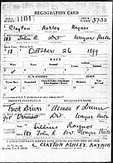 WWI Registration Card for Clayton Ashley Raynor