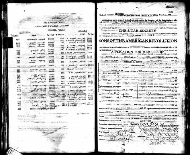 1919 Sons of the American Revolution Application for Brigham S. Young