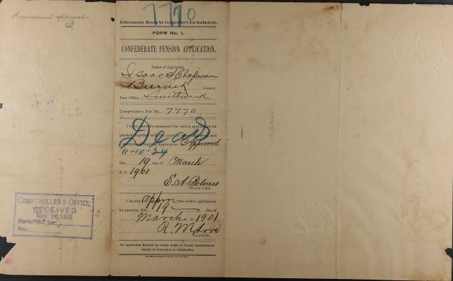Confederate Pension Application for Isaac Chapman, 1901