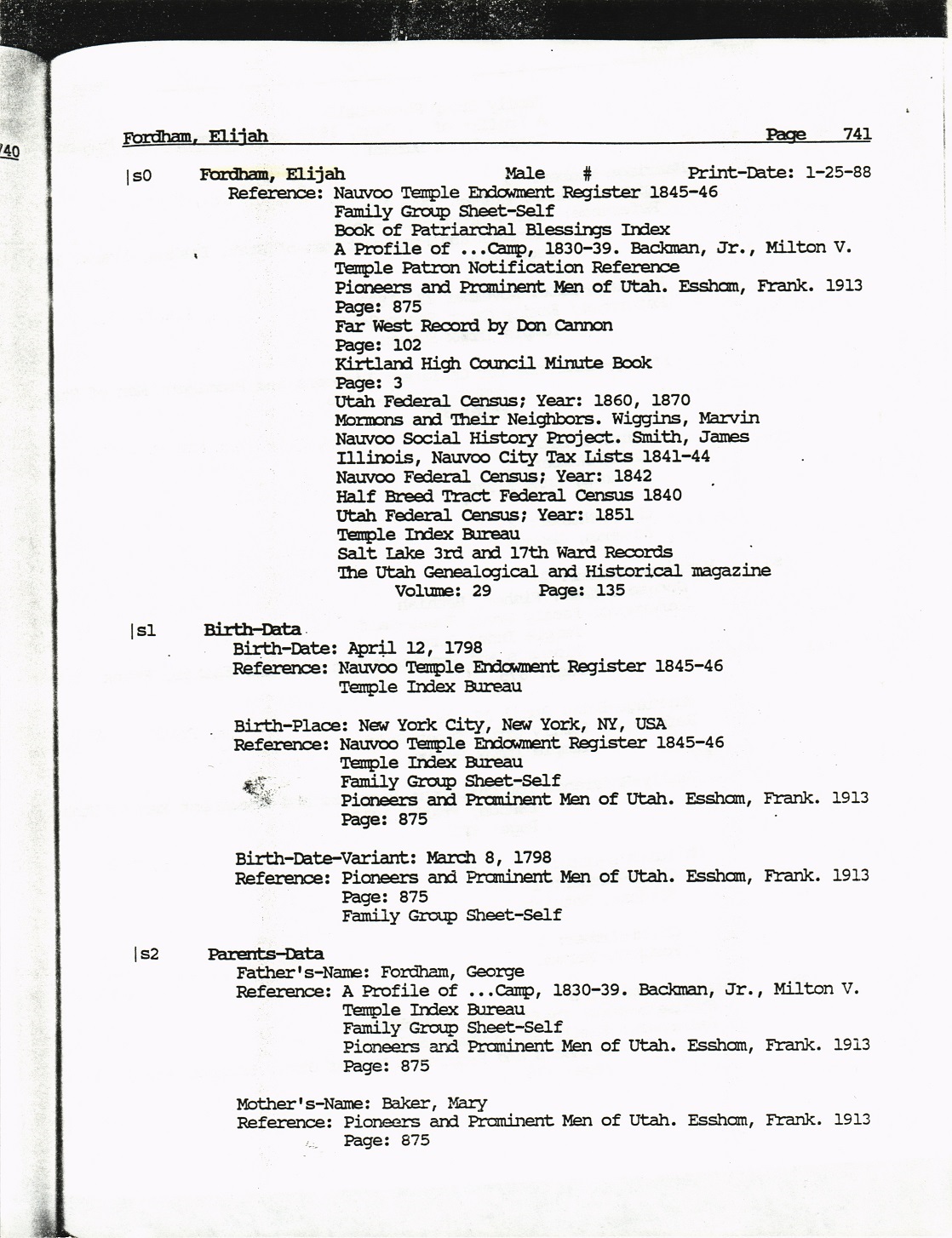 Information on Elijah Fordham's genealogy, ordinances, etc.