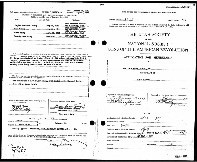 1957 Sons of American Revolution Application for Gaylen Snow Young Jr