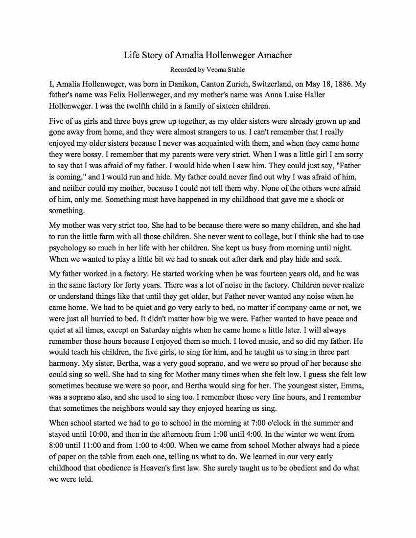 The Life Story of Amalia Hollenweger Amacher