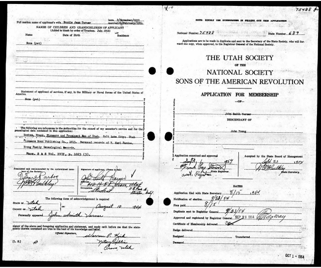 1954 Sons of American Revolution Application for John Smith Varner