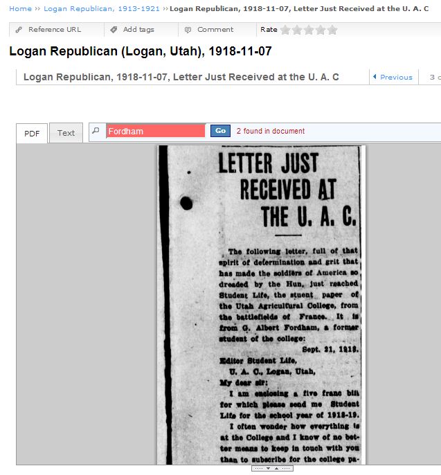 News of a letter written to the Utah Agricultural College from George Albert Fordham while he was in France during WWI