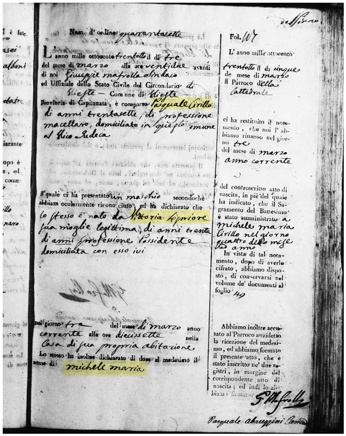 The Birth Record for Michele Maria Cirillo, 1838