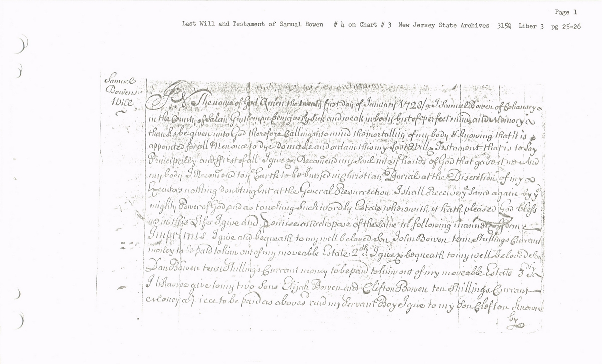 Last Will and Testament for Samuel Bowen of Rehoboth, Bristol, Massachusetts, USA: 1659-1728