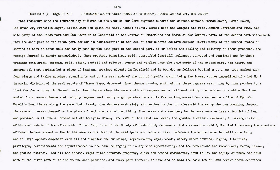 Deed for Dan Bowen from Cumberland  County, New Jersey