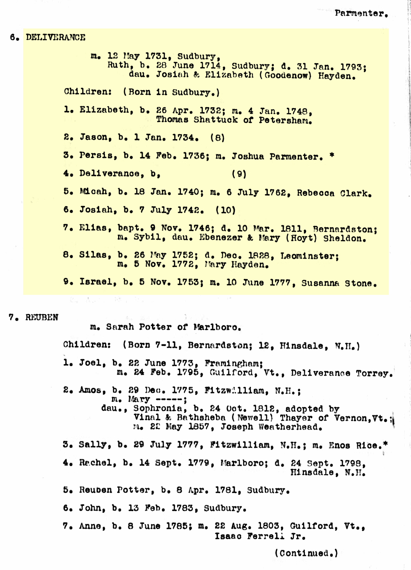 Generations of the Parmenter Family Tree in Sudbury, Massachusetts Bay Colony