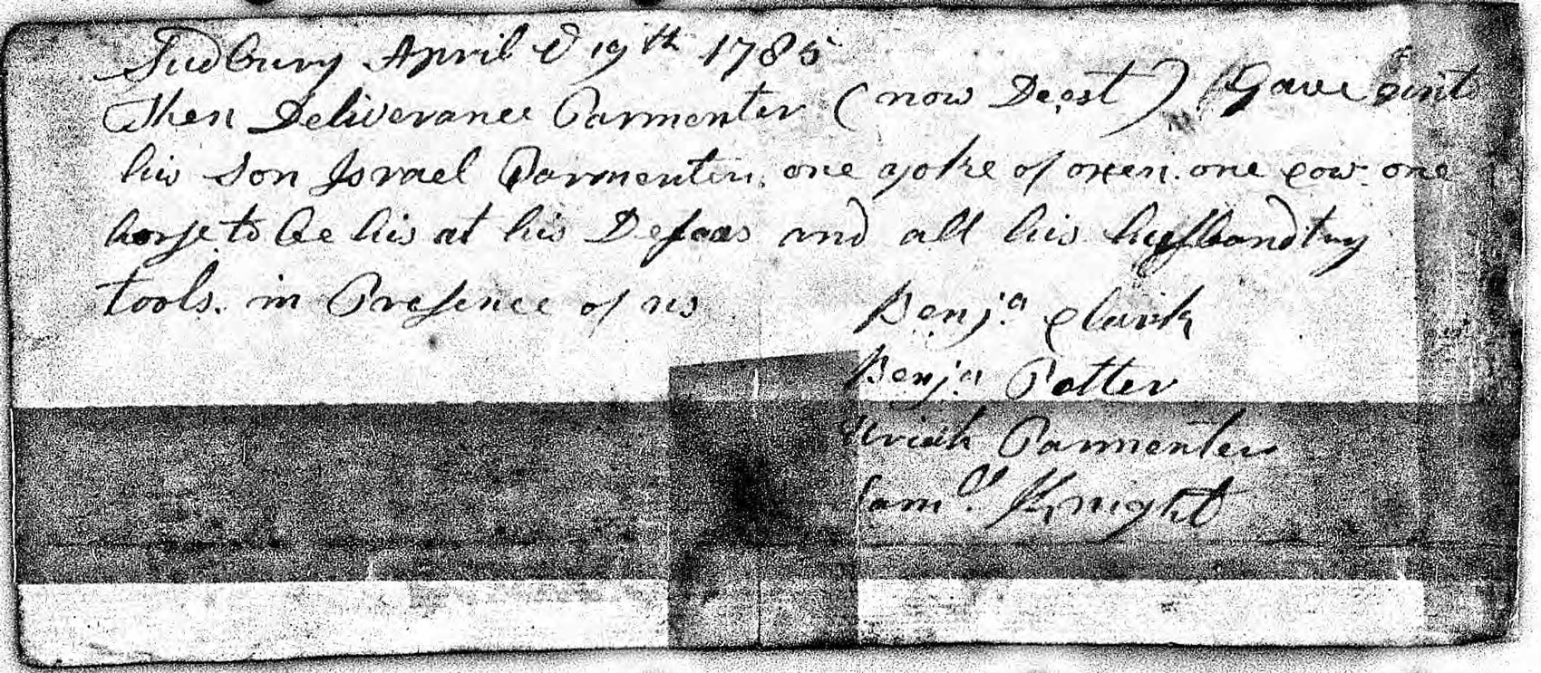 The Probate Record of Deliverance Parmenter of 1785