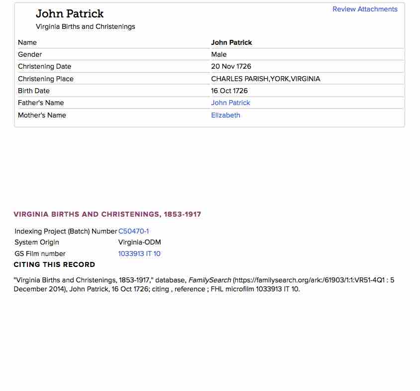 Birth Record for John Patrick