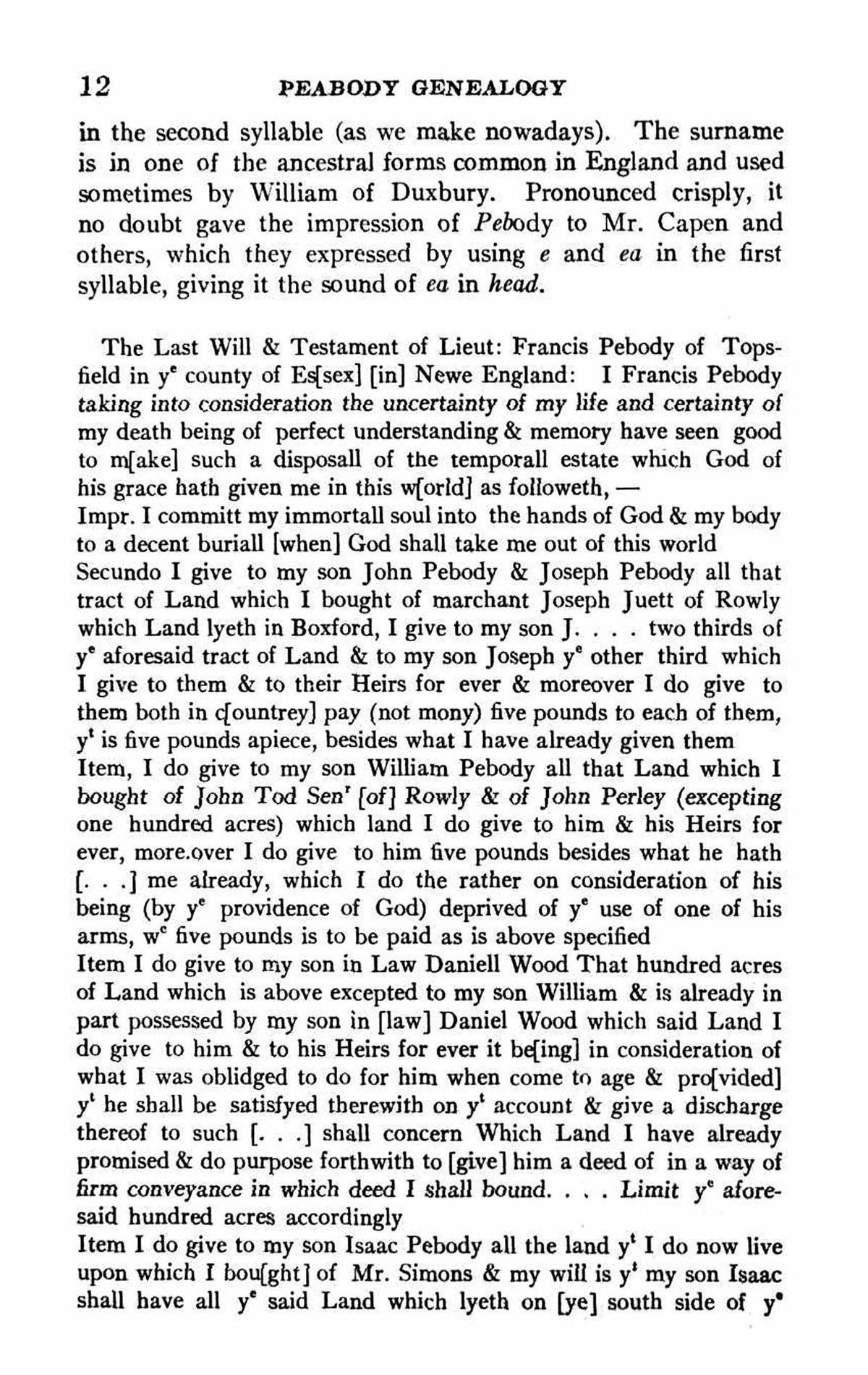 The Will of Francis Peabody from 1695