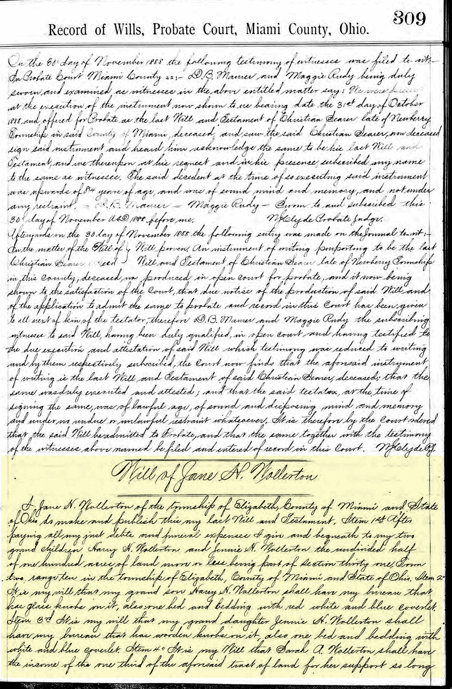 The Will of Jane (Ramsey) Wollerton dated November 14, 1881
