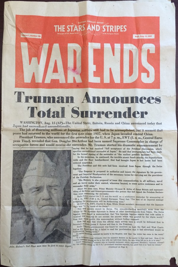 From the Fire Mission Journal of Vivian E. Edwards, the Stars and Stripes Newspaper dated 15 August 1945 with the Headline, 'War Ends'