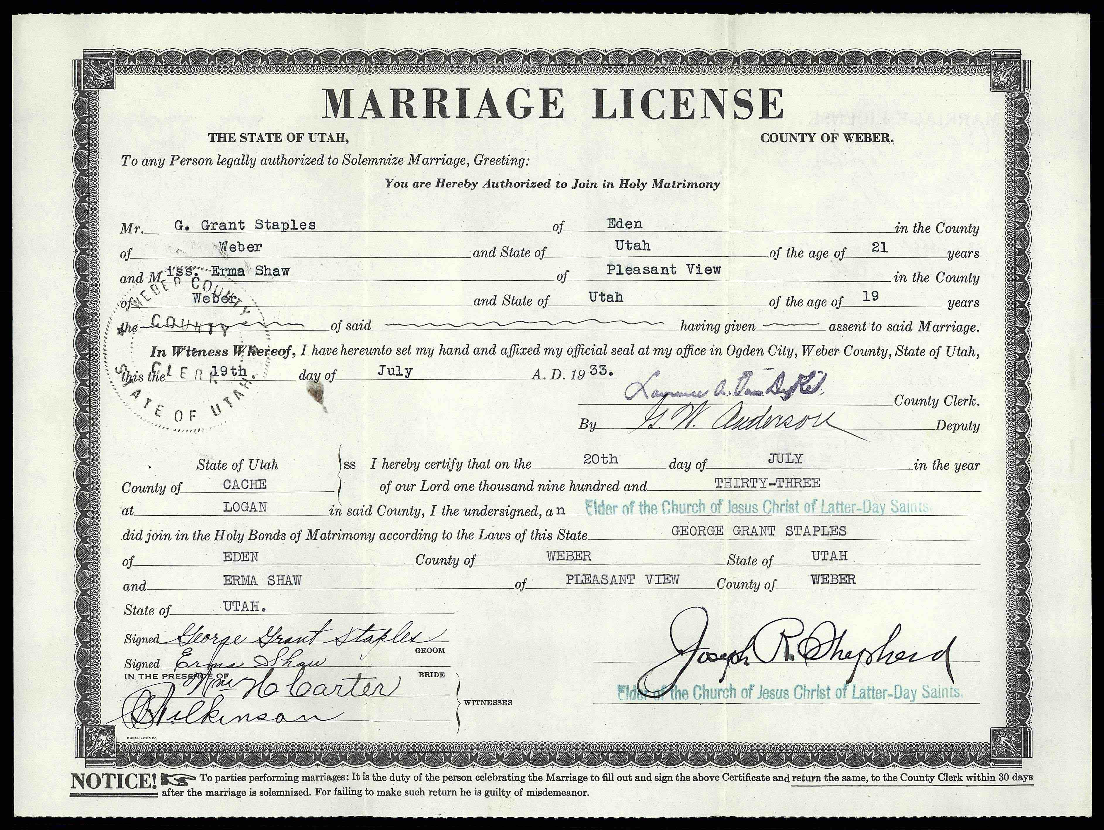 George Grant Staples and Erma Shaw Marriage License