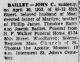 1953 Death Notice of John C Baillet