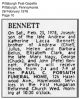 The Death Notice of Joseph Bennett in 1978