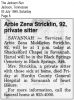 The Obituary of Arbie Zena (Middleton) Stricklin in 1999