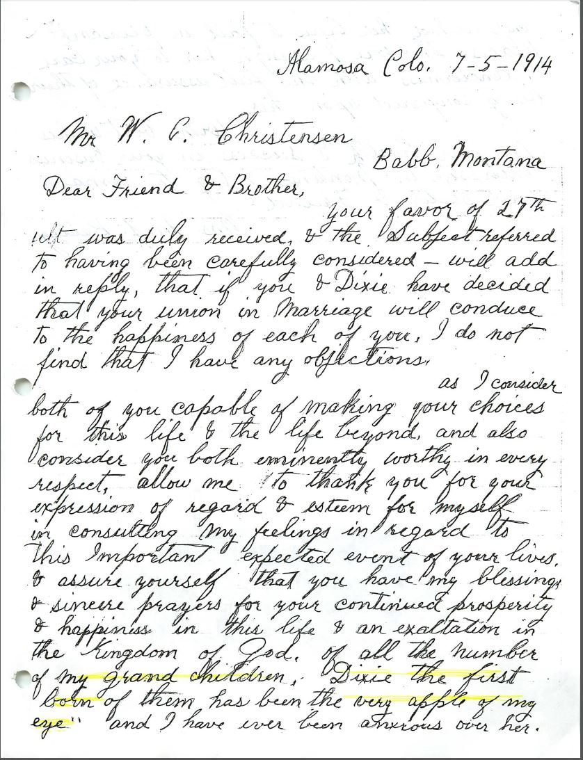 Letter to William C. Christensen from Martha Victoria Bailey regarding his marriage to Dixie