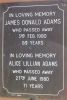 Memorial Plaque for James Donald Adams and Alice Lillian (Heers) Adams