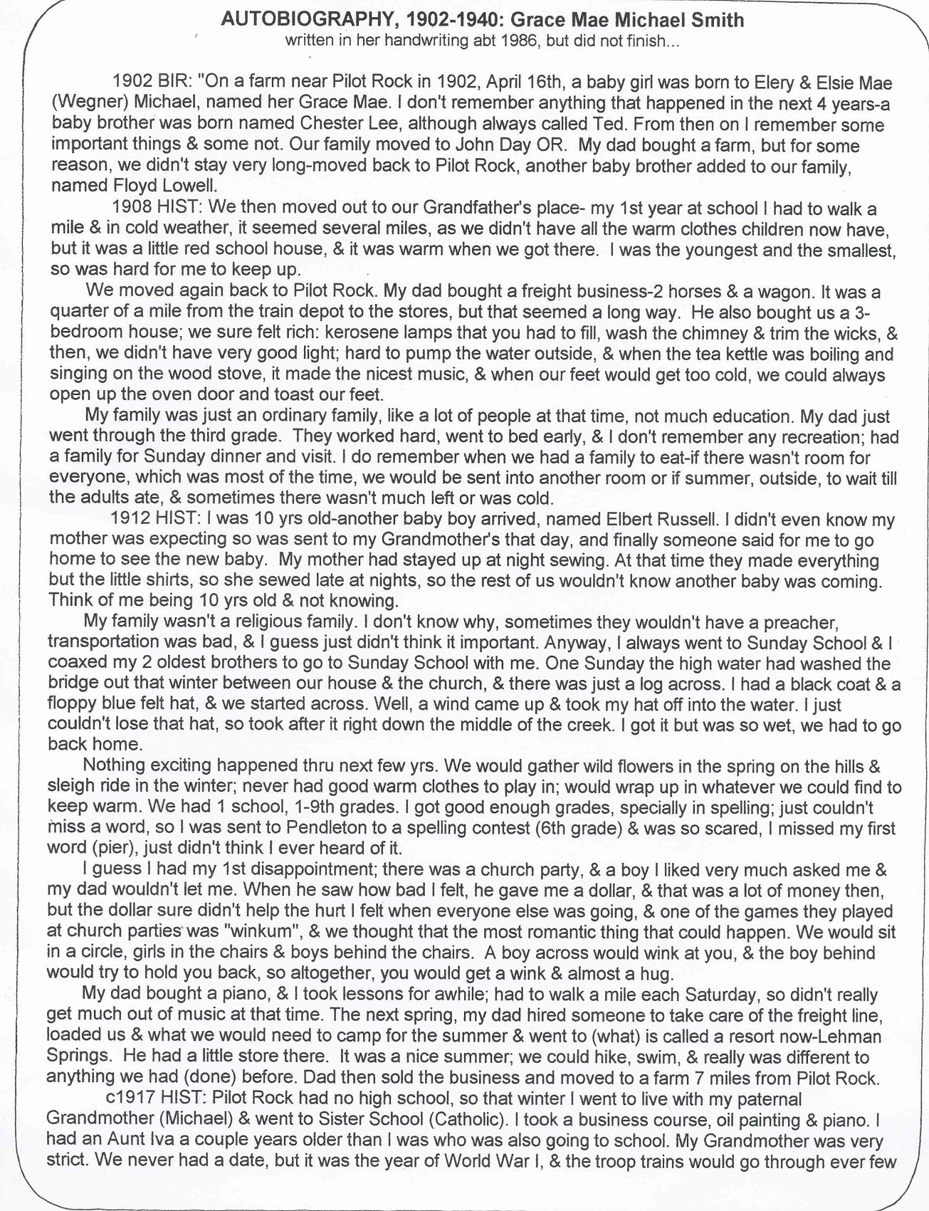 Autobiography of Grace Mae Michael Smith