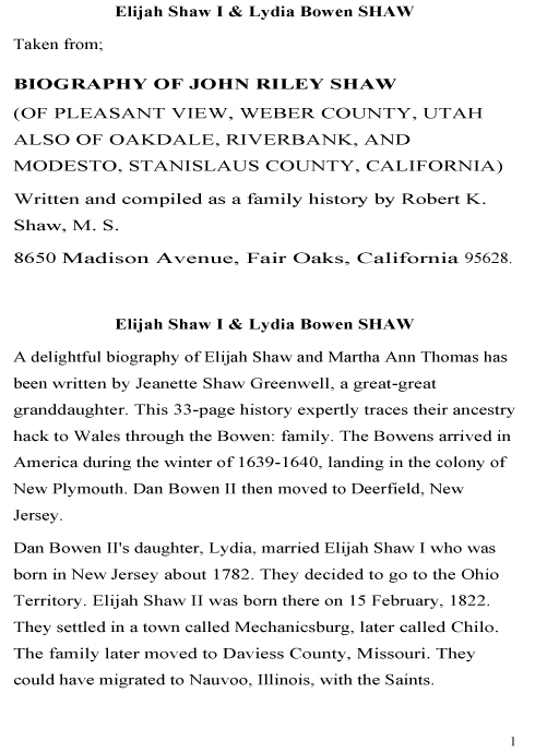 Biography of Elijah Shaw I and Lydia Bowen Shaw