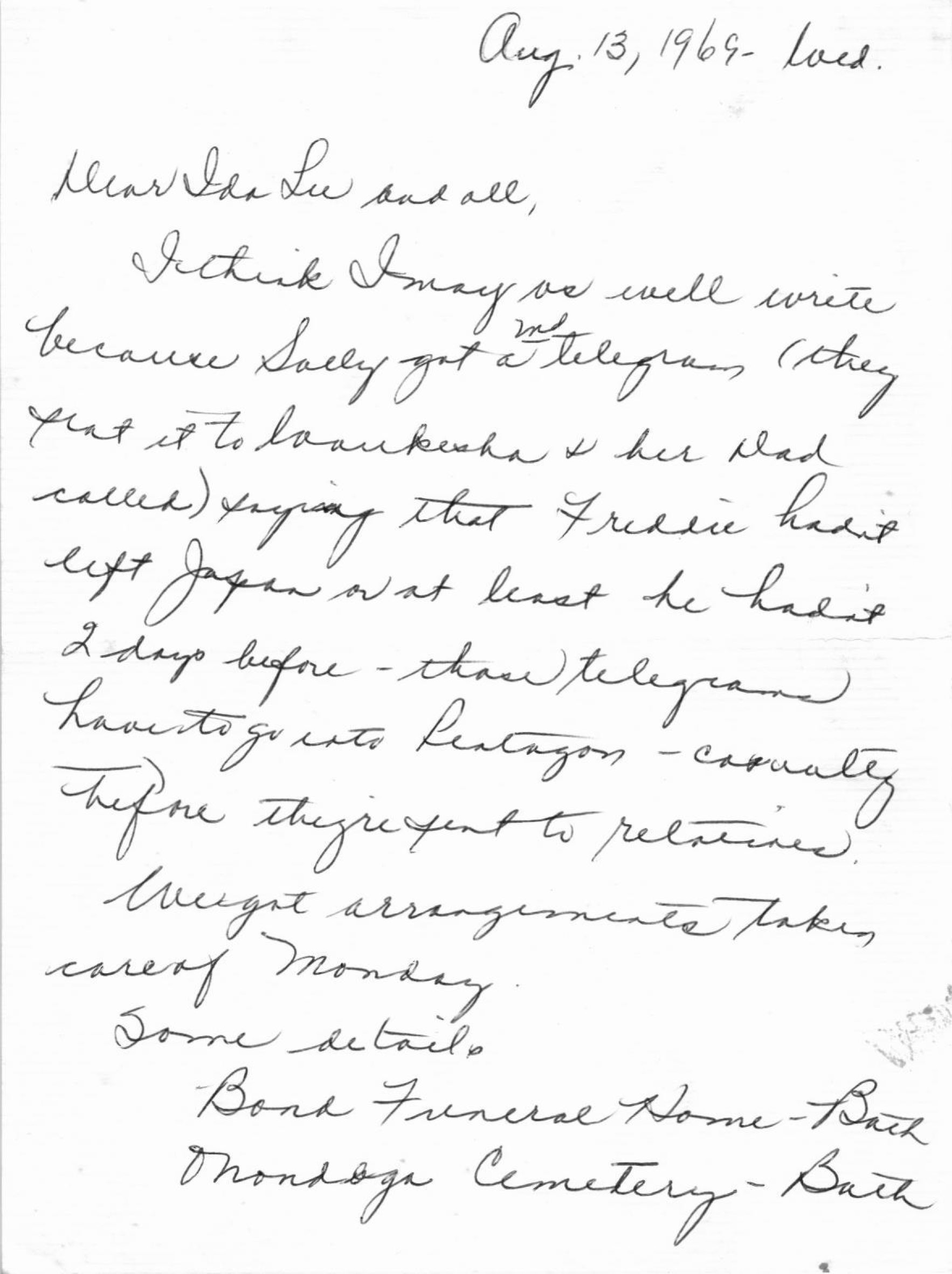 A Letter of Fred Fedder's Death, 1969