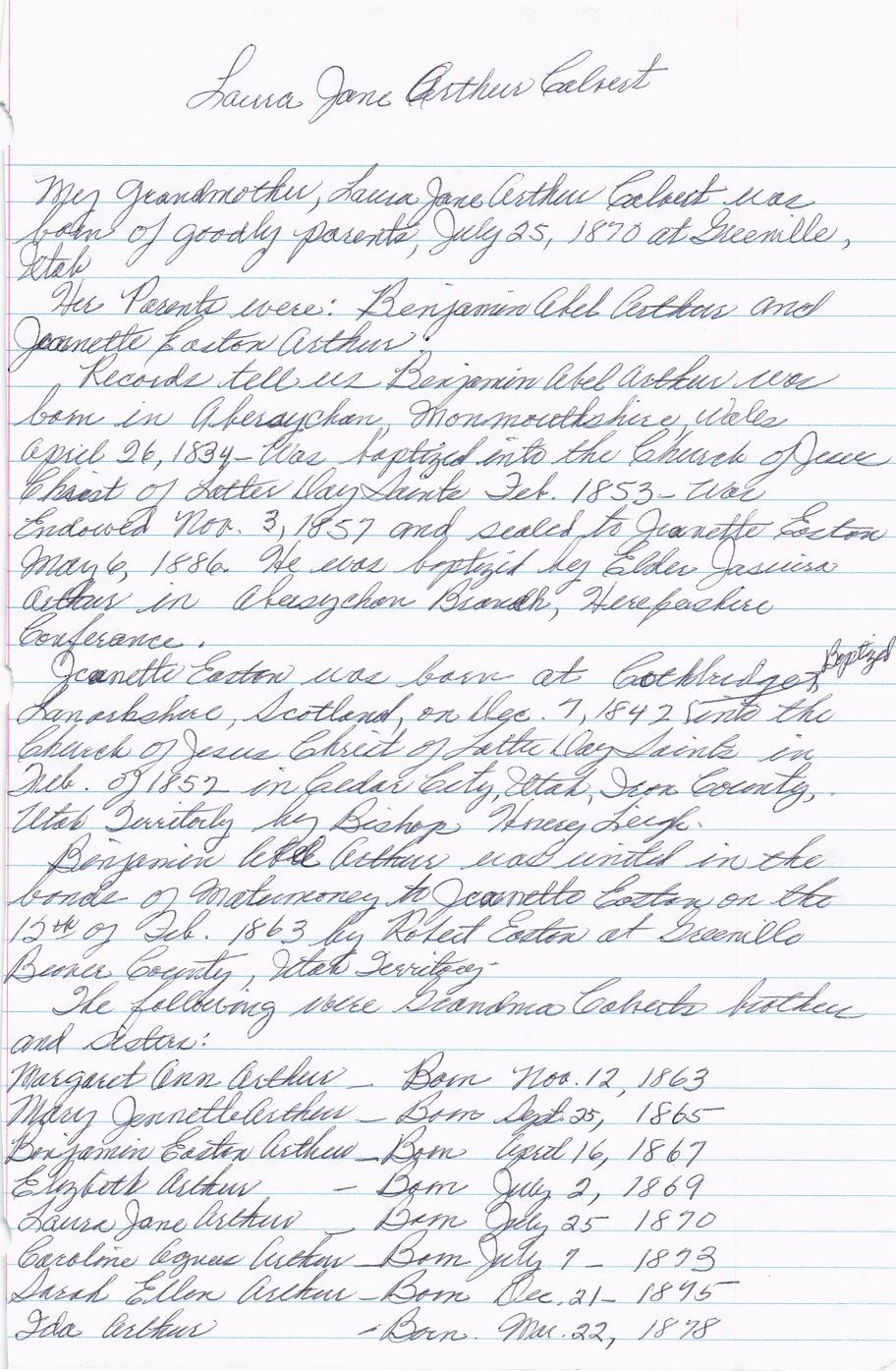 Laura Jane Arthur Calvert history