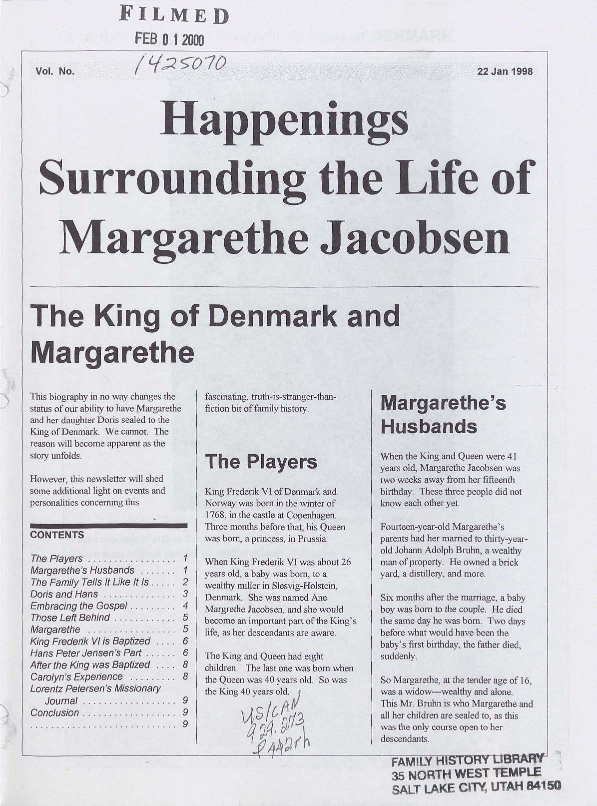 Happenings Surrounding the Life of Margarethe Jacobsen