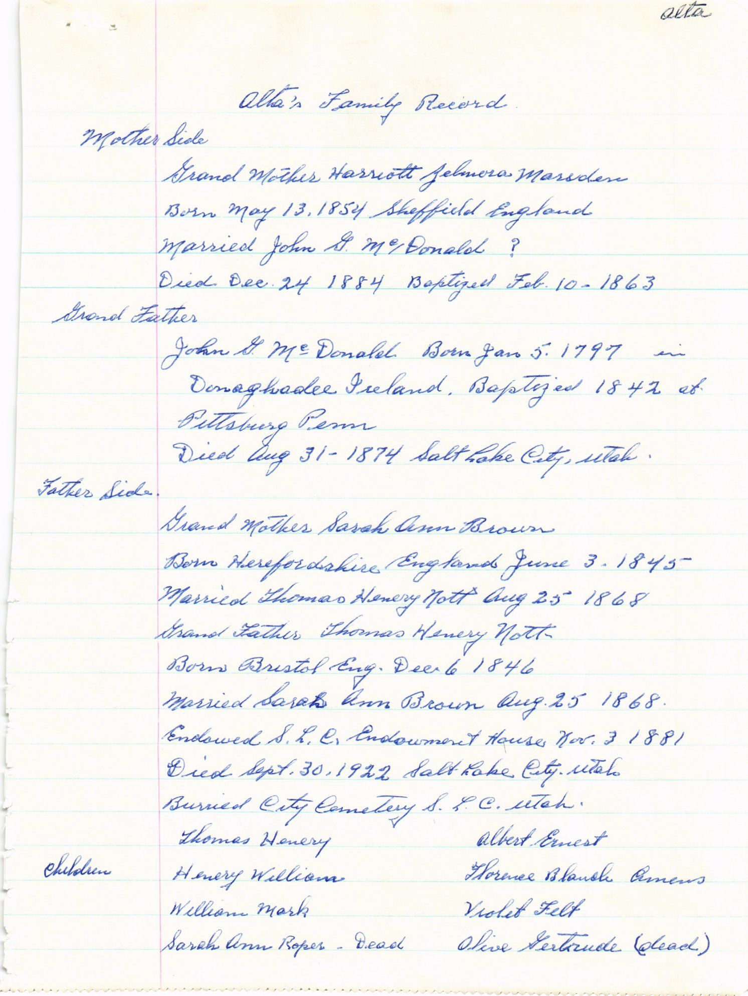 Alta Ann Nott family record