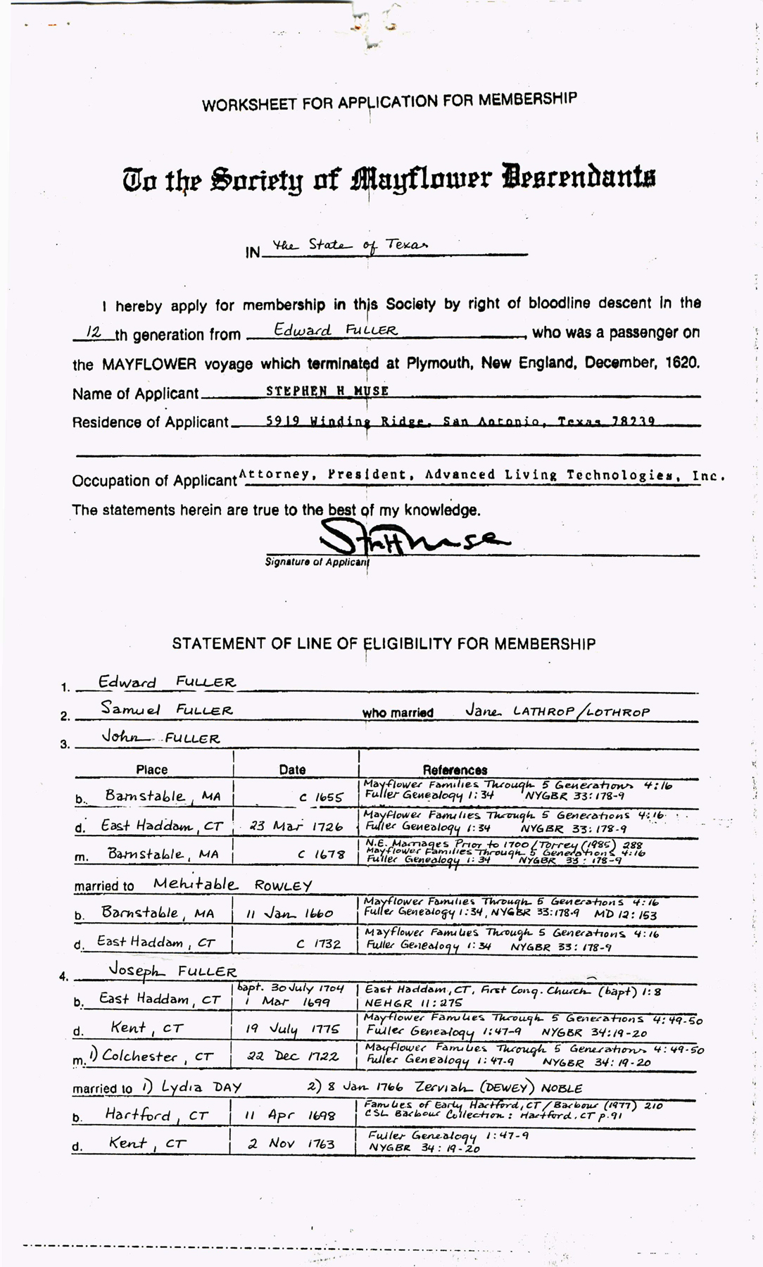 The Application for Membership to the Society of Mayflower Descendants from Stephen H. Muse to Edward Fuller.