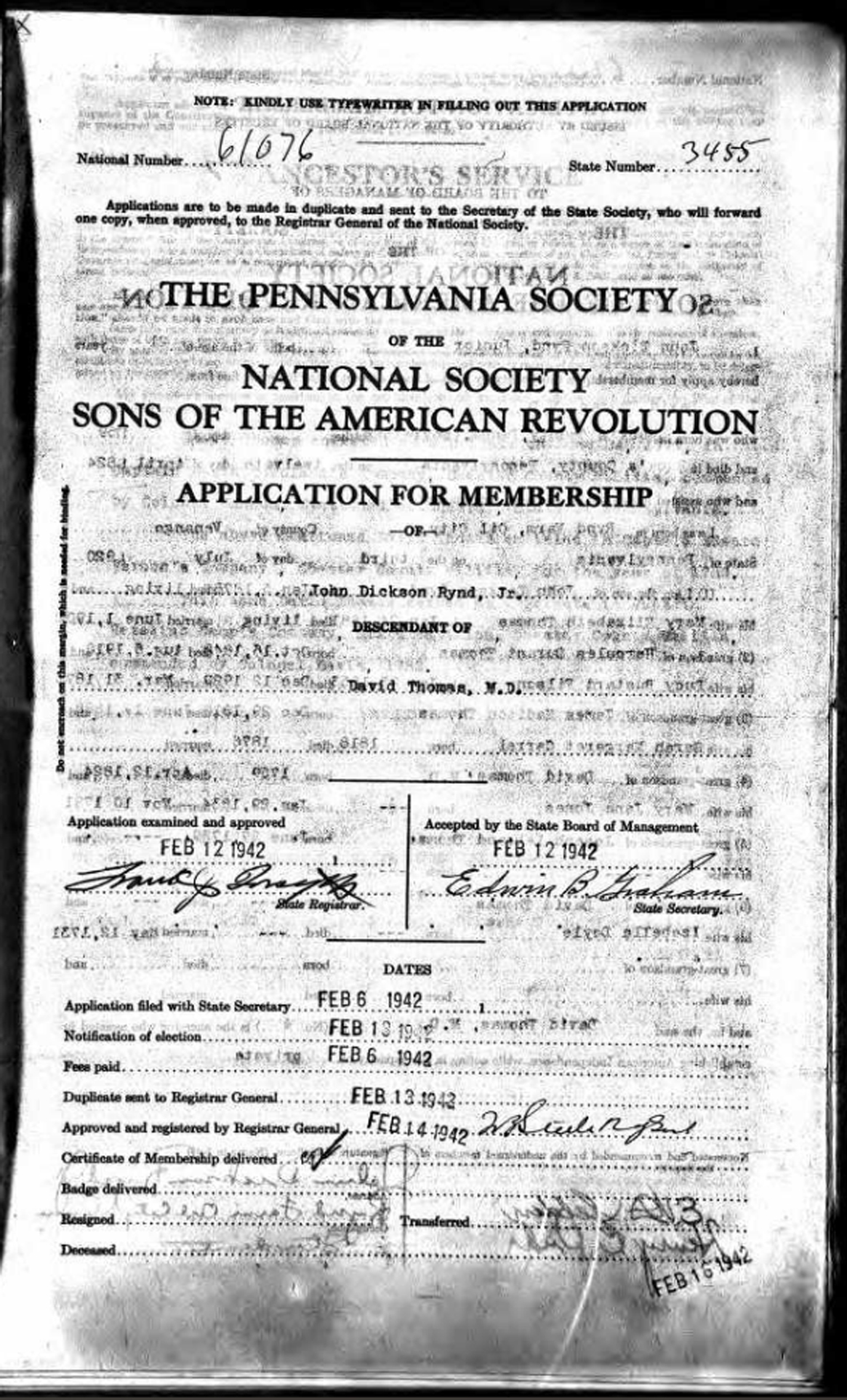 Sons of the American Revolution Application by John Dickson Rynd, Jr.