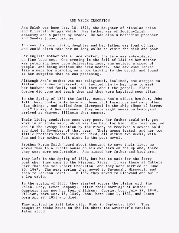 History of Ann Welch Crookston