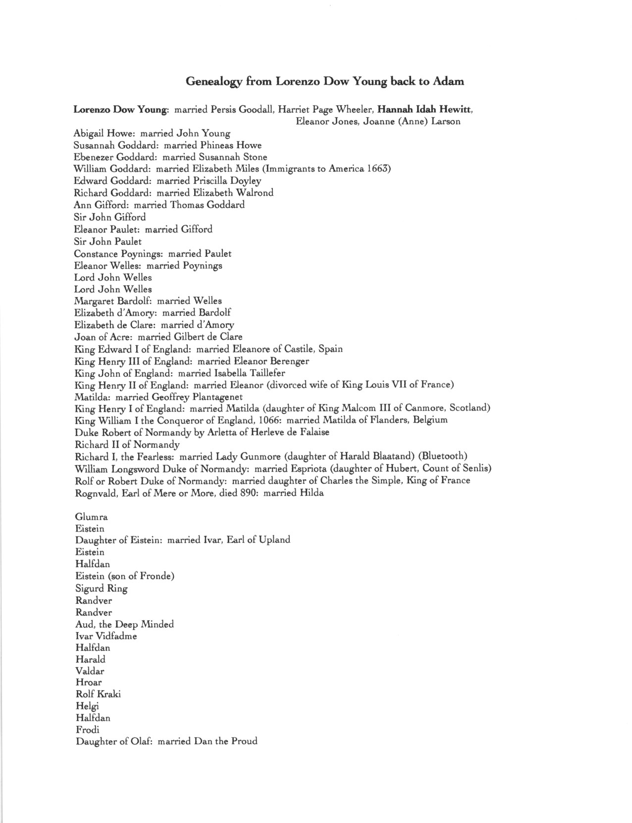 The Genealogy of Lorenzo Dow Young to Adam